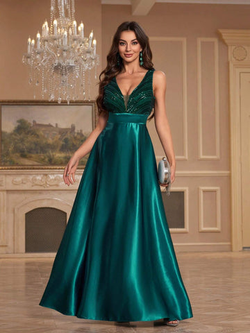 Contrast Sequin Satin Formal Dress