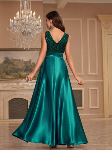 Contrast Sequin Satin Formal Dress