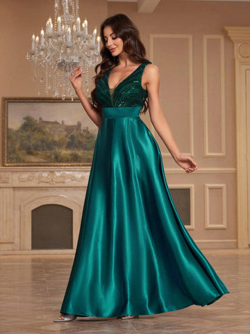 Contrast Sequin Satin Formal Dress