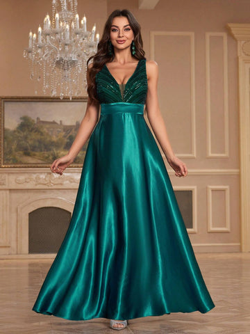 Contrast Sequin Satin Formal Dress