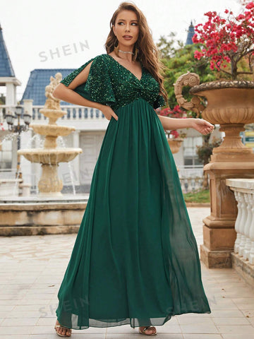 Contrast Sequin Split Sleeve Chiffon Formal Dress
