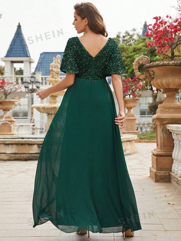 Contrast Sequin Split Sleeve Chiffon Formal Dress