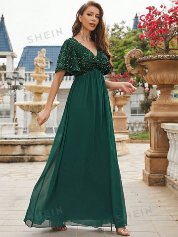 Contrast Sequin Split Sleeve Chiffon Formal Dress