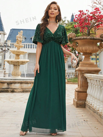Contrast Sequin Split Sleeve Chiffon Formal Dress