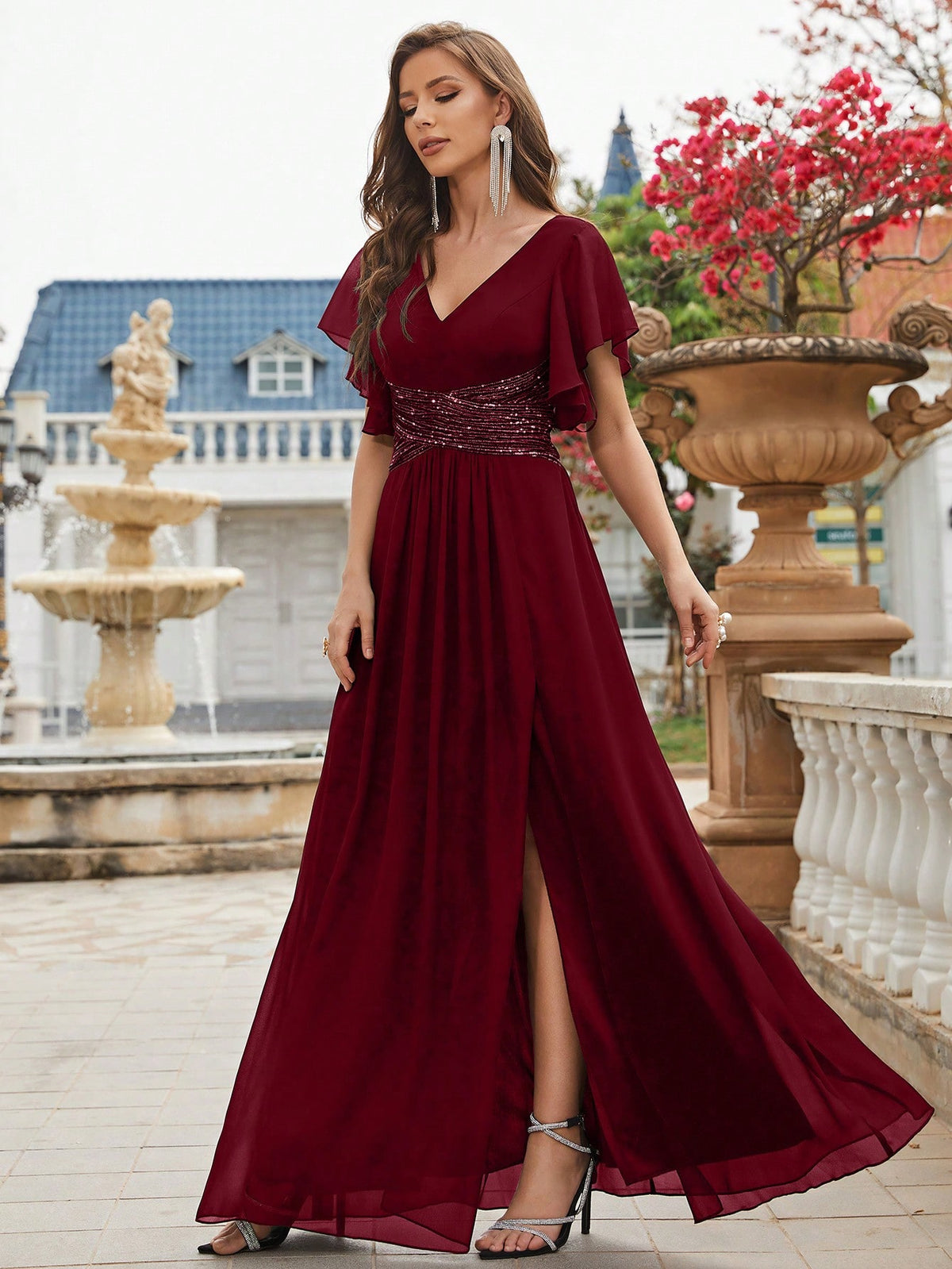 Contrast Sequin Split Thigh Chiffon Formal Bridesmaid Dress