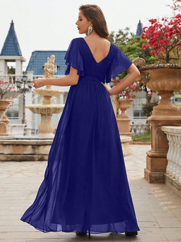 Contrast Sequin Split Thigh Chiffon Formal Bridesmaid Dress
