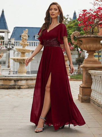 Contrast Sequin Split Thigh Chiffon Formal Bridesmaid Dress