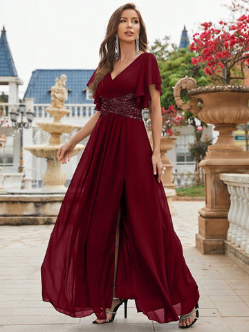 Contrast Sequin Split Thigh Chiffon Formal Bridesmaid Dress