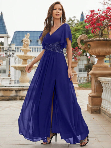 Contrast Sequin Split Thigh Chiffon Formal Bridesmaid Dress