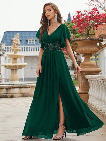 Contrast Sequin Split Thigh Chiffon Formal Bridesmaid Dress