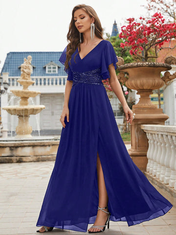 Contrast Sequin Split Thigh Chiffon Formal Bridesmaid Dress