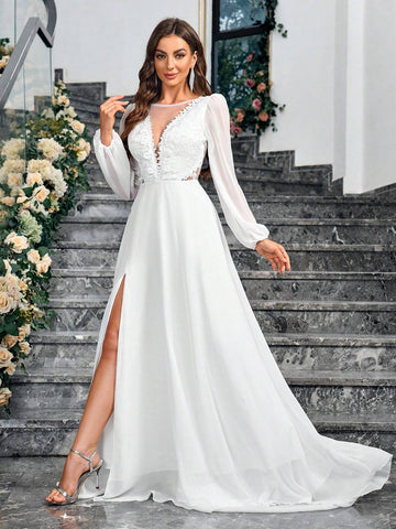 Contrast Sequin Split Thigh Wedding Dress