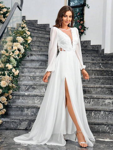Contrast Sequin Split Thigh Wedding Dress