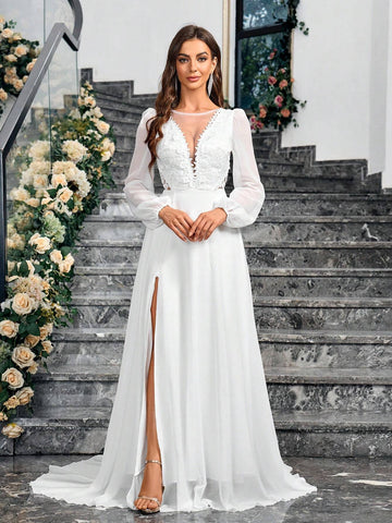 Contrast Sequin Split Thigh Wedding Dress