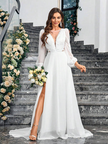 Contrast Sequin Split Thigh Wedding Dress