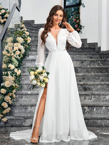 Contrast Sequin Split Thigh Wedding Dress