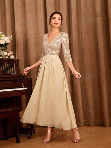Contrast Sequin Surplice Front Dress