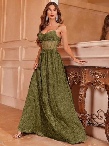 Contrast Sheer Mesh Ruched Front Glitter Cami Dress