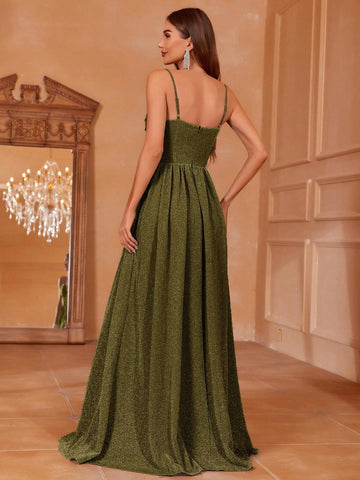 Contrast Sheer Mesh Ruched Front Glitter Cami Dress