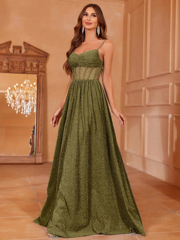 Contrast Sheer Mesh Ruched Front Glitter Cami Dress