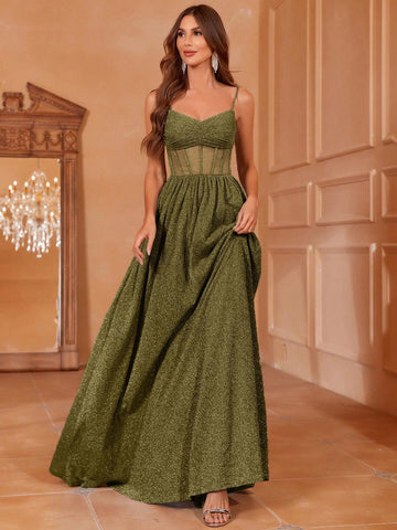 Contrast Sheer Mesh Ruched Front Glitter Cami Dress