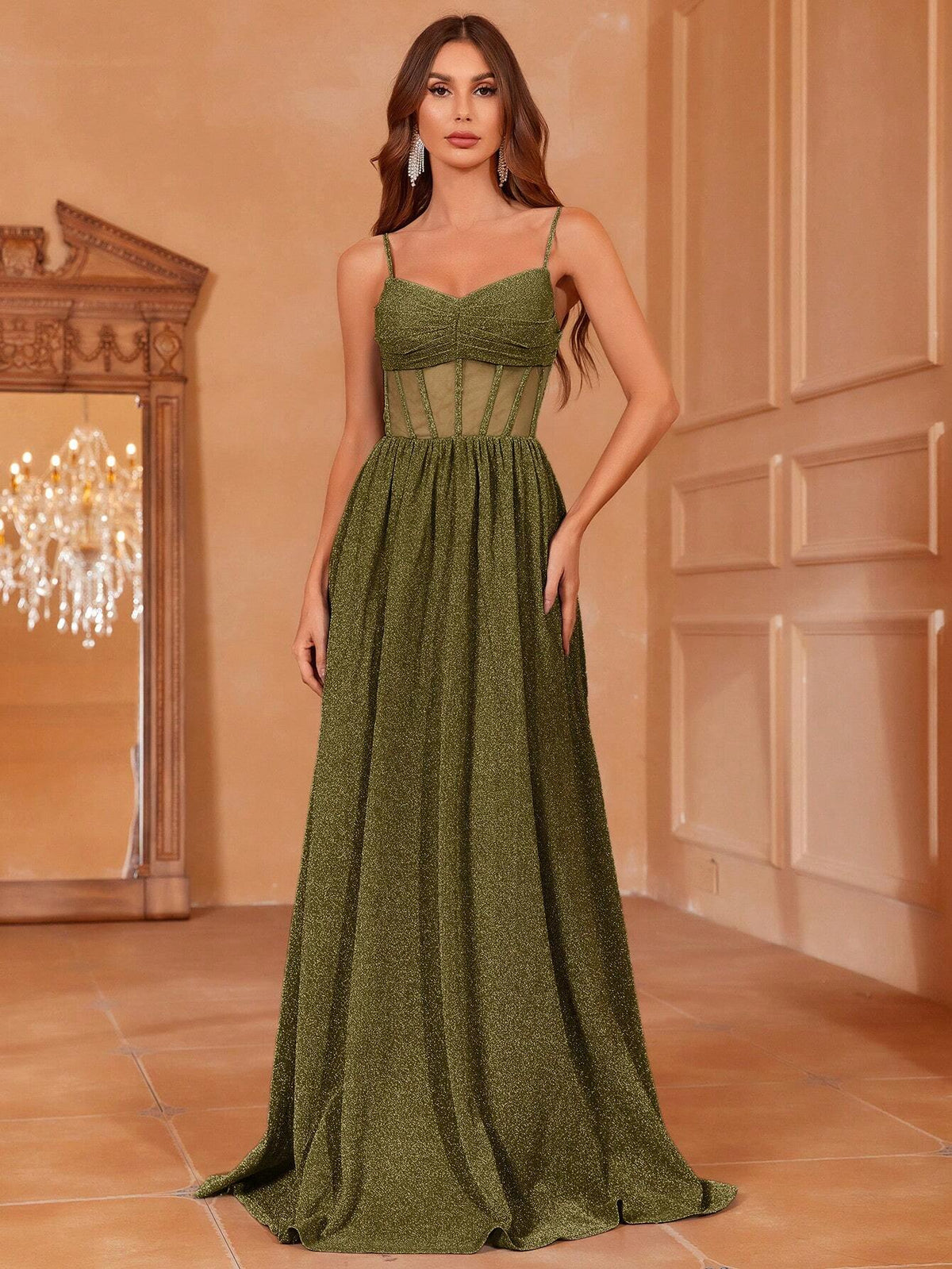 Contrast Sheer Mesh Ruched Front Glitter Cami Dress