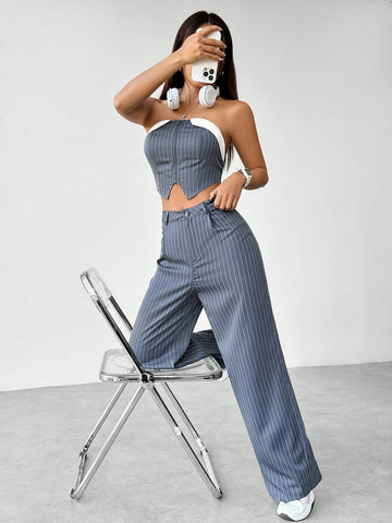 Contrast Striped Tube Top & Straight Leg Pants