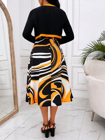Contrast Trim Jacket & Allover Print Dress