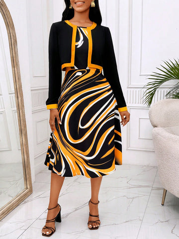 Contrast Trim Jacket & Allover Print Dress