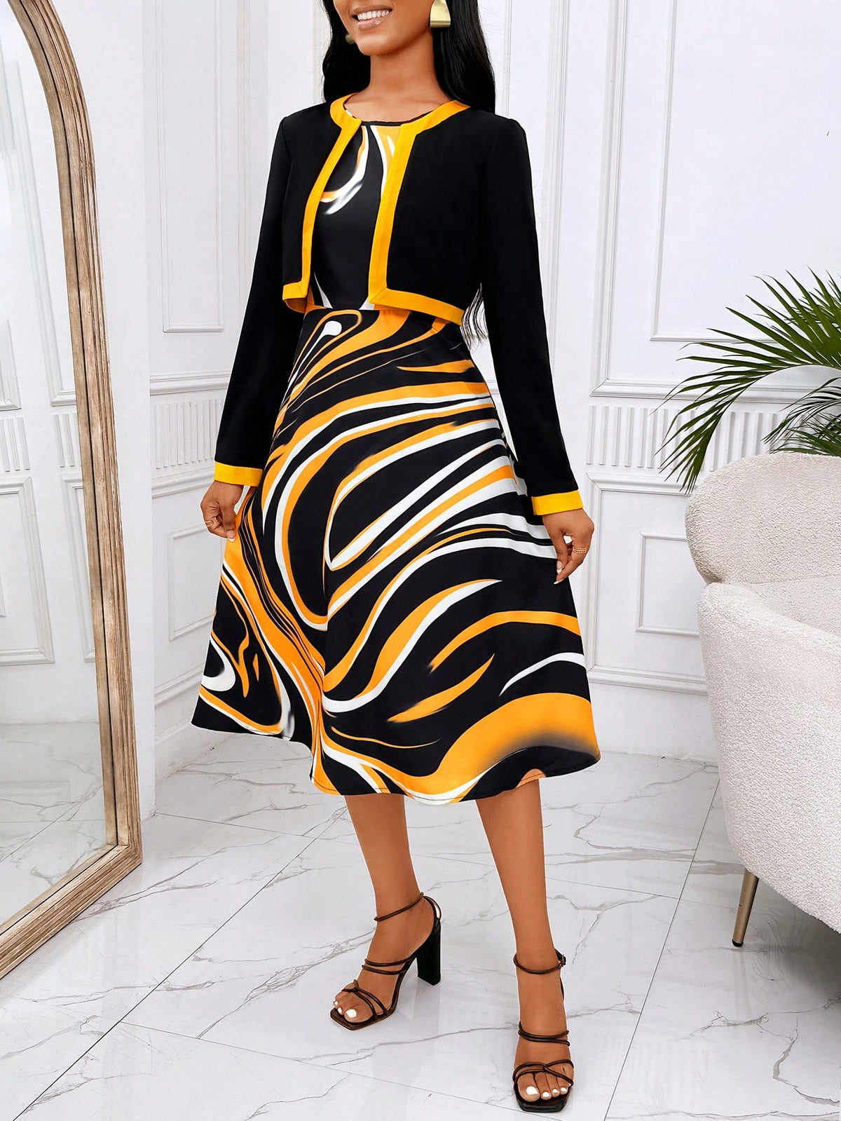 Contrast Trim Jacket & Allover Print Dress
