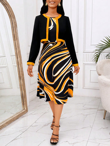 Contrast Trim Jacket & Allover Print Dress