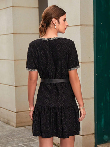 Contrast Trim Ruffle Hem Lace Dress For Holiday