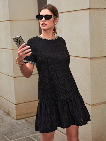 Contrast Trim Ruffle Hem Lace Dress For Holiday