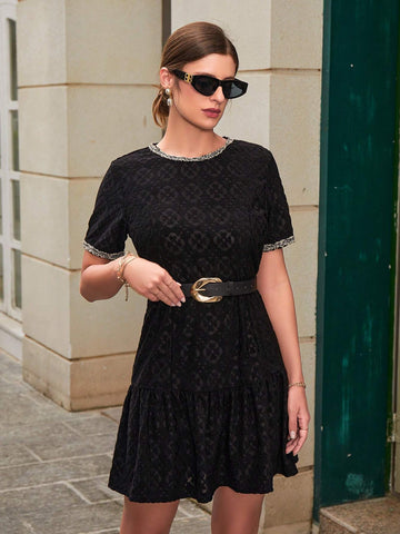 Contrast Trim Ruffle Hem Lace Dress For Holiday