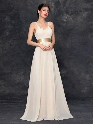 Contrast Waist Chiffon Bridesmaid Dress