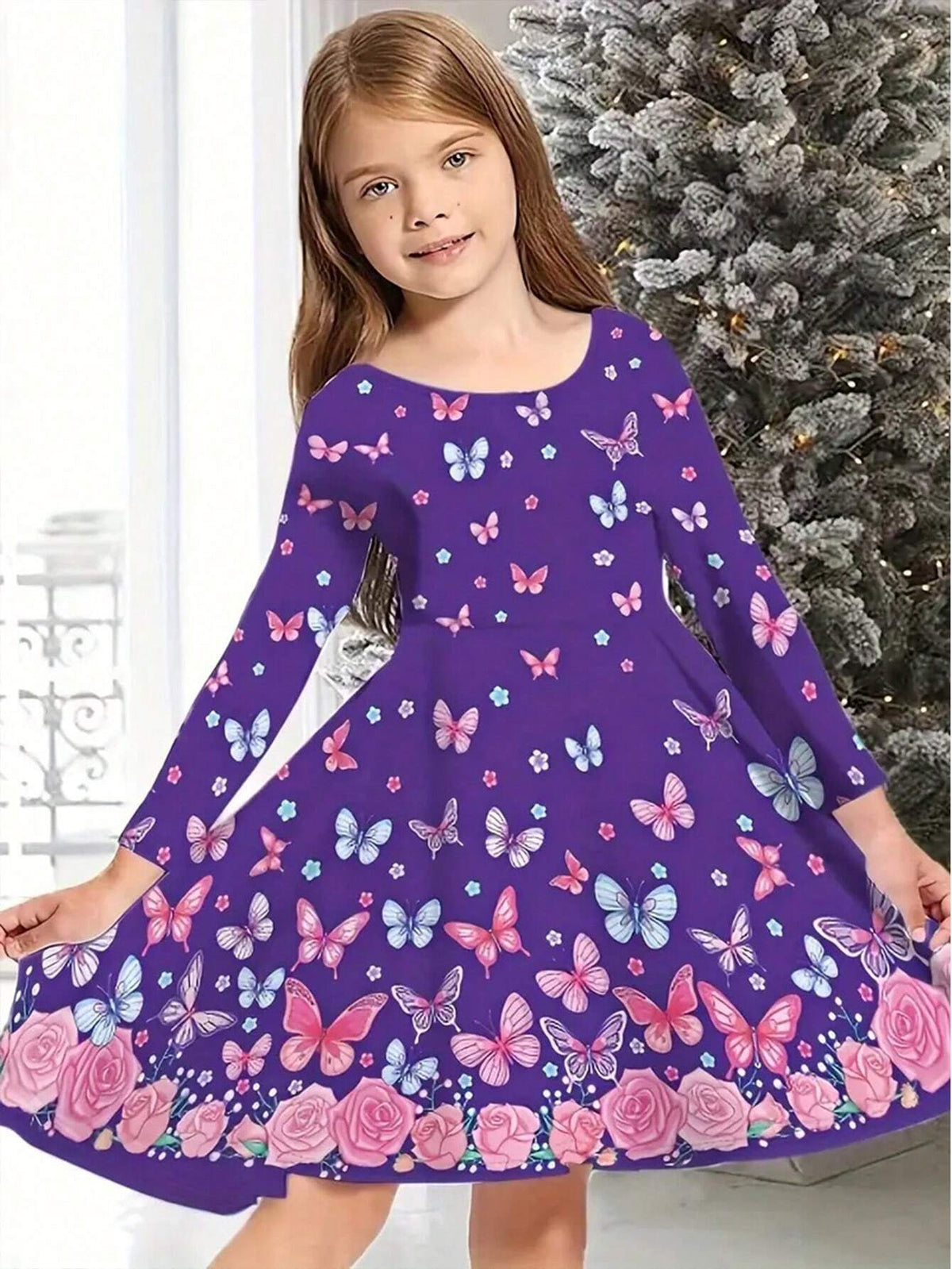 Cool Christmas Night Graphic Long Sleeve Dress Girls Crew Neck Dresses Young Girl Gift Halloween Christmas