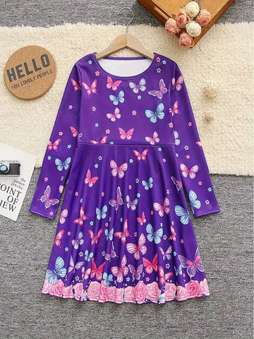 Cool Christmas Night Graphic Long Sleeve Dress Girls Crew Neck Dresses Young Girl Gift Halloween Christmas