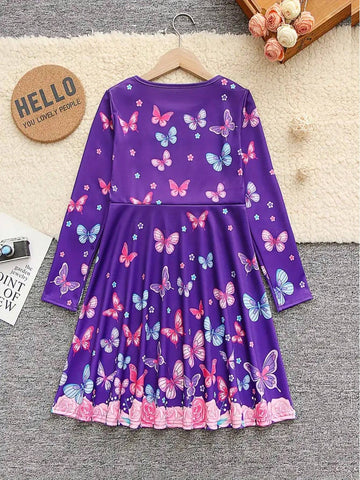 Cool Christmas Night Graphic Long Sleeve Dress Girls Crew Neck Dresses Young Girl Gift Halloween Christmas