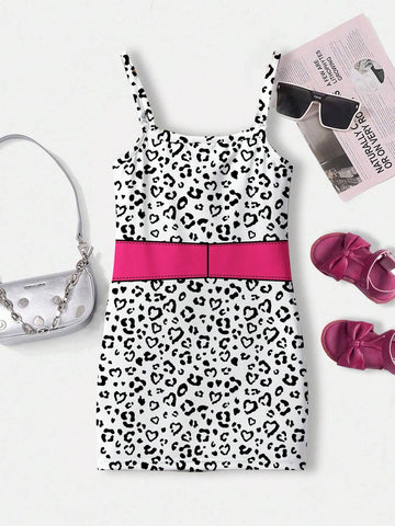 Cool Girl, Young Girl Casual And Simple Cartoon Girl, Heart, Leopard Pattern, Faux Waist Belt Strap Mid-Length Dress Suitable For Summer