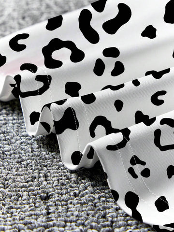 Cool Girl, Young Girl Casual And Simple Cartoon Girl, Heart, Leopard Pattern, Faux Waist Belt Strap Mid-Length Dress Suitable For Summer