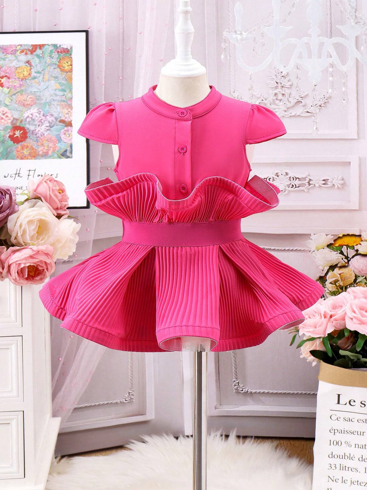 Cool Solid Single-Breasted Shirt With Ruffle Hem For Little Girls, Summer