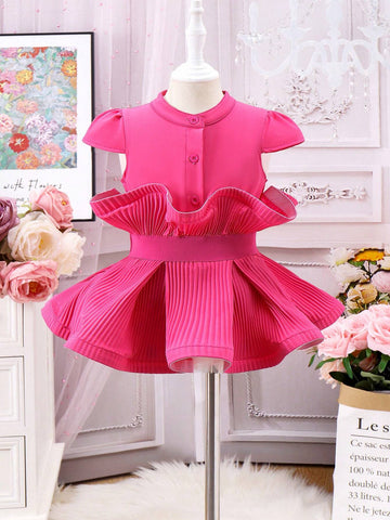 Cool Solid Single-Breasted Shirt With Ruffle Hem For Little Girls, Summer