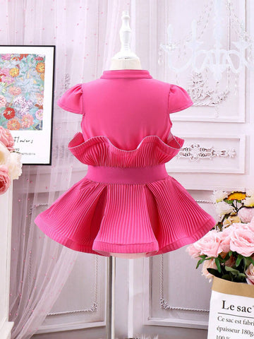 Cool Solid Single-Breasted Shirt With Ruffle Hem For Little Girls, Summer