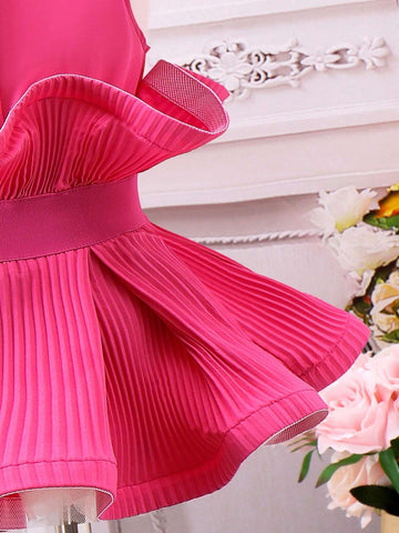 Cool Solid Single-Breasted Shirt With Ruffle Hem For Little Girls, Summer