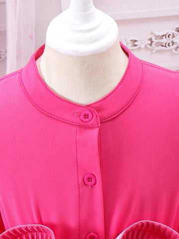Cool Solid Single-Breasted Shirt With Ruffle Hem For Little Girls, Summer