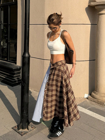 Coolane Women's Spring/Summer Vintage Y2k Striped Plaid Patchwork Fold-Over Waist Casual Knee-Length Skirt