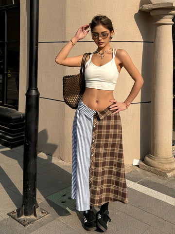 Coolane Women's Spring/Summer Vintage Y2k Striped Plaid Patchwork Fold-Over Waist Casual Knee-Length Skirt
