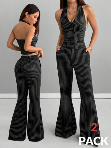 Coolane Women's Y2K Going Out Concert Striped Tops And Petite Bell Bottoms,2pcs