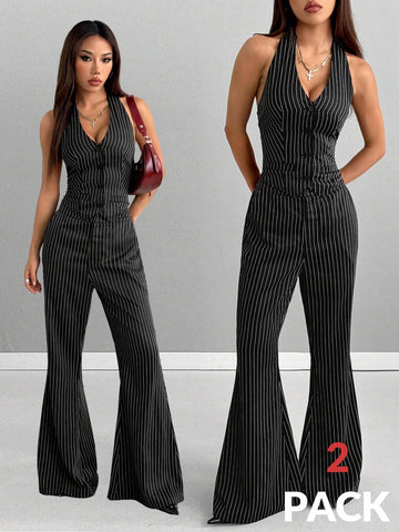 Coolane Women's Y2K Going Out Concert Striped Tops And Petite Bell Bottoms,2pcs