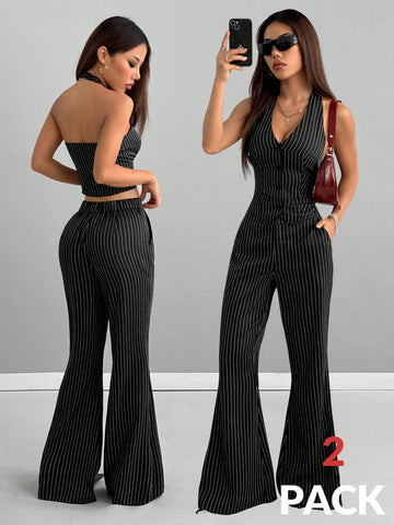 Coolane Women's Y2K Going Out Concert Striped Tops And Petite Bell Bottoms,2pcs